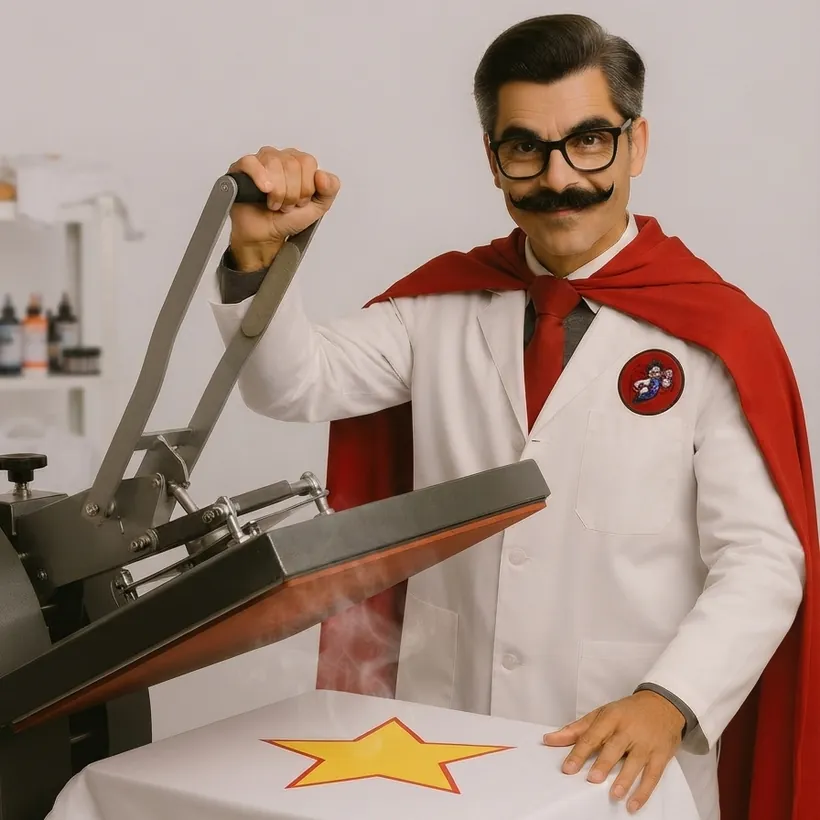 Il Dottor Stampa, con camice bianco e mantello rosso, lavora alla pressa termica su una t-shirt con una stella gialla